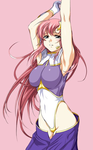 Anime picture 1132x1817 with mobile suit gundam gundam seed destiny sunrise (studio) meer campbell zundarepon single long hair tall image breasts light erotic simple background large breasts pink hair arms up armpit (armpits) grey eyes pink background girl gloves star (symbol)