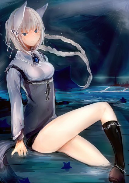 Anime picture 707x1000 with original syozui single long hair tall image looking at viewer fringe breasts blue eyes sitting animal ears silver hair tail braid (braids) animal tail light smile night legs fox ears twin braids