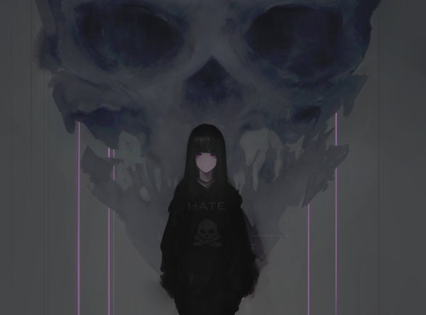 Anime picture 2563x1898 with original hate-chan (aoi ogata) aoi ogata single long hair looking at viewer fringe highres open mouth black hair standing purple eyes blunt bangs dark background clothes writing cropped girl jacket pants skull