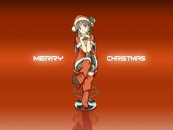 Anime picture 1024x768 with original geister single long hair looking at viewer simple background brown hair sitting head tilt pink eyes wallpaper fur trim crossed legs christmas red background hands clasped merry christmas girl hat pantyhose