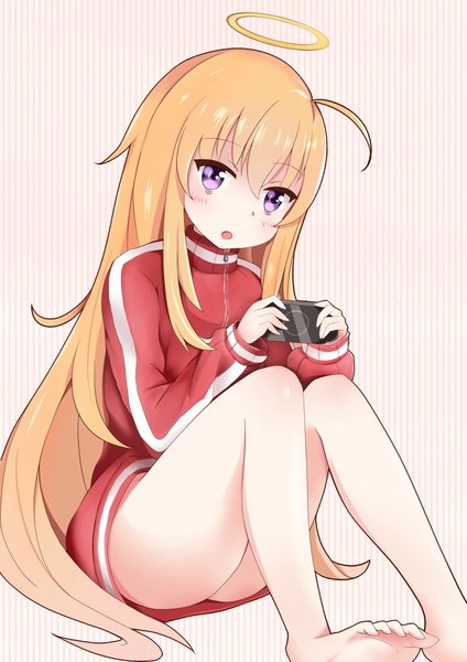 Anime picture 2480x3507 with gabriel dropout doga kobo tenma gabriel white qian chuan jiuli single tall image looking at viewer blush fringe highres open mouth light erotic blonde hair hair between eyes sitting purple eyes ahoge bent knee (knees) very long hair barefoot