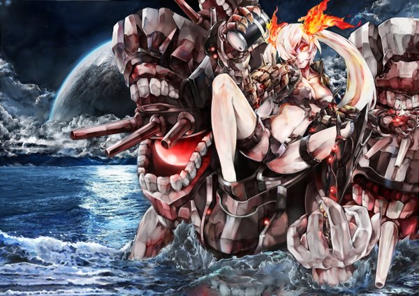 Anime picture 4961x3508 with kantai collection southern ocean war oni poyan noken single long hair looking at viewer fringe highres light erotic red eyes twintails absurdres sky cloud (clouds) white hair hair over one eye night white skin mechanical arms girl