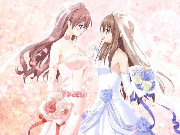 Anime picture 1600x1200 with sono hanabira ni kuchizuke wo kitajima kaede kitajima sara kani biimu wallpaper shoujo ai dress wedding dress