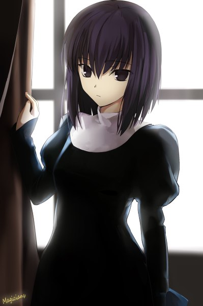 Anime picture 1704x2560 with mahou tsukai no yoru kuonji alice magicians (zhkahogigzkh) single tall image looking at viewer fringe highres short hair black hair signed black eyes backlighting girl dress window black dress curtains