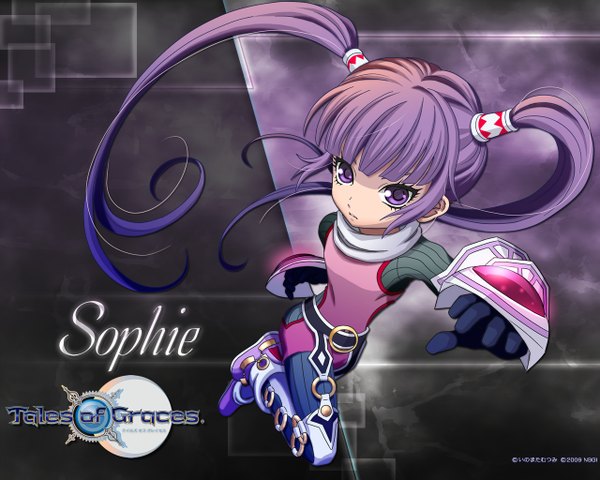 Anime picture 1280x1024 with tales of graces sophie (tales) single long hair purple eyes twintails purple hair girl gloves boots suit