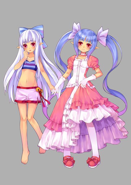 Anime picture 1653x2338 with original tsubasa tsubasa long hair tall image looking at viewer fringe simple background smile red eyes standing twintails multiple girls blue hair full body white hair blunt bangs very long hair parted lips barefoot pointy ears