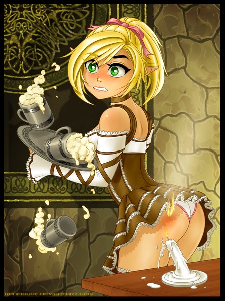 Anime picture 2250x3000 with original lin (ronin dude) ronin dude (ray cornwell) single tall image blush highres short hair light erotic blonde hair green eyes ass pointy ears girl underwear panties tray candle (candles) mug wax