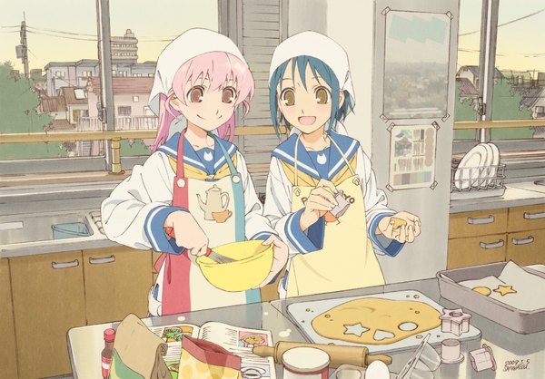 Anime picture 1720x1200 with original shiwasu takashi long hair blush highres short hair open mouth smile standing multiple girls holding signed blue hair pink hair sky cooking girl uniform 2 girls plant (plants)