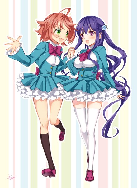 Anime picture 900x1227 with original kayou (kayou-bi) tall image blush short hair open mouth brown hair multiple girls green eyes signed purple hair ahoge very long hair pink eyes holding hands striped striped background girl thighhighs uniform