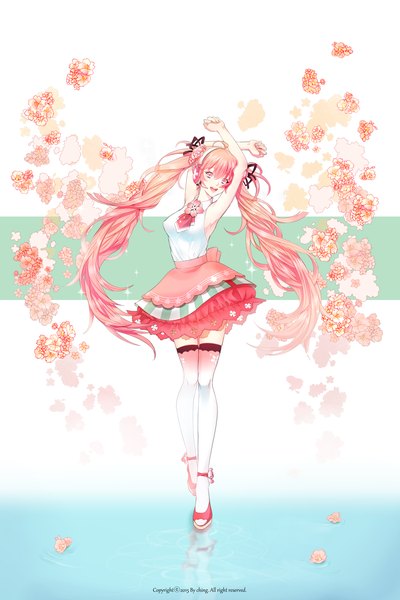 Anime picture 1500x2250 with vocaloid hatsune miku sakura miku ching (solholic) single long hair tall image looking at viewer fringe open mouth smile twintails signed pink hair ahoge pink eyes arms up armpit (armpits) walking girl