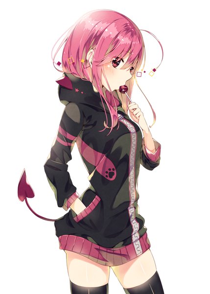 Anime picture 1295x1812 with original koi pink-chan sakuragi ren single long hair tall image looking at viewer blush light erotic pink hair tail animal tail pink eyes zettai ryouiki demon tail hand in pocket paw print girl thighhighs black thighhighs