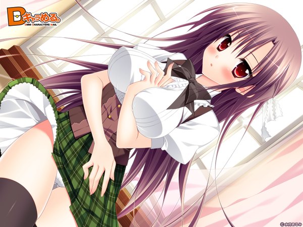 Anime picture 1600x1200 with d chara mail minatsuki arumi single long hair blush light erotic black hair red eyes sitting girl uniform school uniform