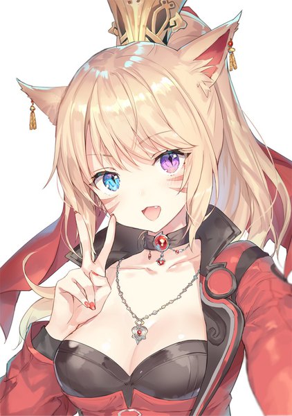 Anime picture 800x1138 with final fantasy final fantasy xiv square enix miqo'te momoko (momopoco) single long hair tall image looking at viewer fringe breasts blue eyes light erotic blonde hair simple background white background purple eyes animal ears payot upper body