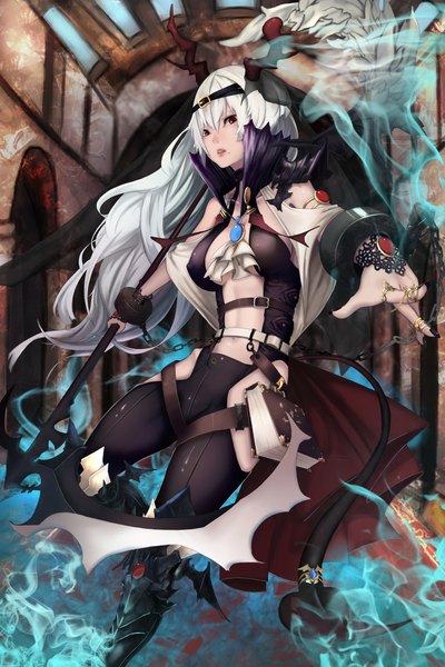 Anime picture 1500x2250 with original soya (torga) single long hair tall image highres breasts open mouth light erotic red eyes white hair tail horn (horns) mole magic demon tail girl hair ornament weapon chain