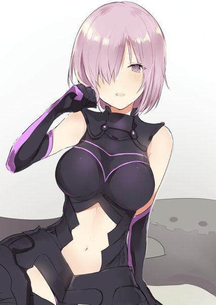 Anime picture 600x844 with fate (series) fate/grand order mash kyrielight lpip single tall image looking at viewer blush fringe short hair open mouth purple eyes bare shoulders purple hair hair over one eye sleeveless adjusting hair girl gloves navel