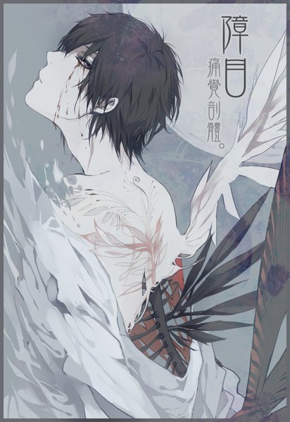 Anime picture 1500x2180 with katekyou hitman reborn hibari kyouya wavesheep single tall image looking at viewer fringe short hair black hair purple eyes profile bone (bones) boy wings blood