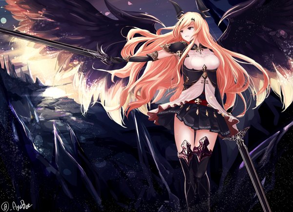 Anime picture 2120x1536 with shingeki no bahamut dark angel olivia ayubee akito (d30n26) single long hair fringe highres breasts blonde hair smile standing holding signed looking away parted lips pleated skirt pink eyes horn (horns) sunlight