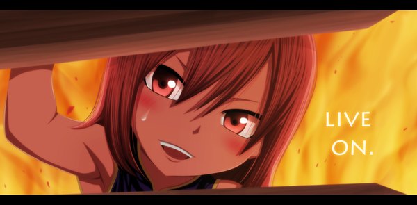 Anime picture 2194x1080 with fairy tail erza scarlet jbeenz single long hair blush highres open mouth smile red eyes wide image red hair inscription coloring close-up face girl fire