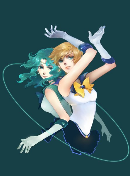 Anime picture 2000x2700 with bishoujo senshi sailor moon toei animation kaiou michiru tenou haruka sailor neptune sailor uranus ji ji ha tall image highres short hair simple background brown hair multiple girls green hair back to back incomplete girl skirt gloves bow