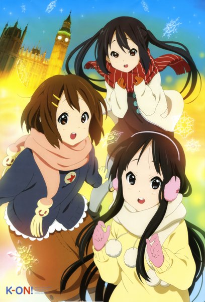 Anime picture 4096x6017 with k-on! kyoto animation akiyama mio hirasawa yui nakano azusa long hair tall image highres short hair open mouth black hair brown hair twintails absurdres copyright name gloves scarf snowflake (snowflakes) pom pom (clothes) winter clothes