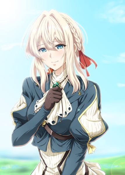 Anime picture 756x1058 with violet evergarden kyoto animation violet evergarden (character) diesel-turbo single long hair tall image blush fringe blue eyes blonde hair hair between eyes looking away sky upper body girl gloves ribbon (ribbons) hair ribbon teardrop