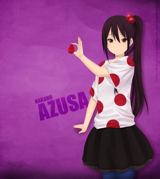 Anime picture 1157x1290 with k-on! kyoto animation nakano azusa skyzen (artist) single long hair tall image looking at viewer black hair simple background smile red eyes ponytail inscription girl dress skirt hair ornament food hair tie