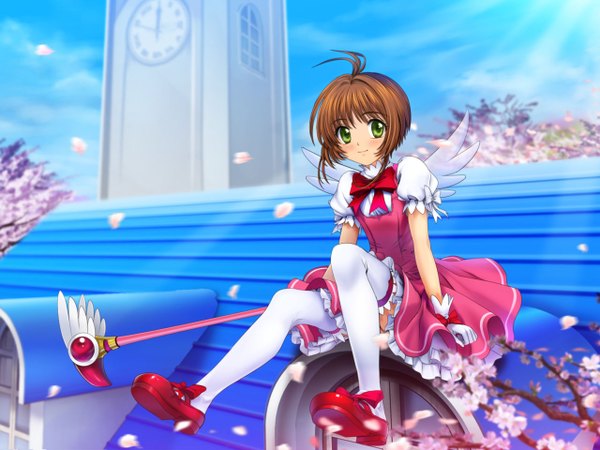 Anime picture 1280x960 with card captor sakura clamp kinomoto sakura mutsuki (moonknives) single short hair smile brown hair sitting green eyes cherry blossoms angel wings girl thighhighs bow petals white thighhighs wings staff fuuin no tsue