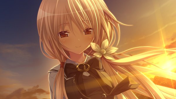 Anime picture 1280x720 with chrono clock kuro (chrono clock) koku single long hair looking at viewer blush smile red eyes wide image game cg sky cloud (clouds) white hair hair flower evening sunset girl uniform hair ornament