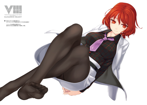 Anime picture 800x572 with touhou horikawa raiko rokuwata tomoe single fringe short hair light erotic simple background smile red eyes white background bent knee (knees) red hair lying inscription pantyshot crossed legs hands behind back reclining plaid