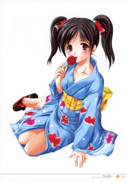 Anime picture 2866x4081 with original azuma yuki single tall image blush highres short hair black hair simple background white background twintails brown eyes barefoot scan loli on side short twintails eating animal print fish print