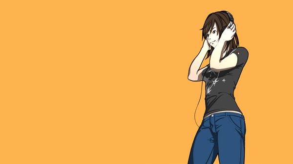 Anime picture 1280x720 with song of the cloud gha eon single long hair black hair wide image orange background girl headphones blue jeans