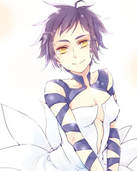 Anime picture 960x1200 with d.gray-man road kamelot akatsuki kouya single tall image looking at viewer short hair simple background white background yellow eyes cleavage purple hair light smile eyebrows girl dress white dress