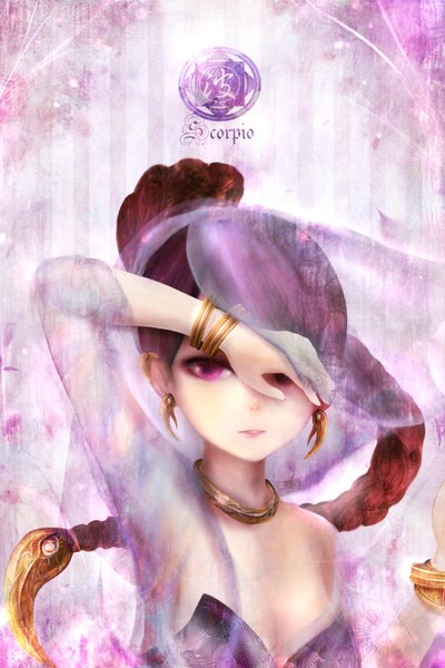 Anime picture 2000x3000 with original zhang xiao bo single long hair tall image looking at viewer highres brown hair purple eyes bare shoulders braid (braids) zodiac scorpius (zodiac) girl hair ornament earrings bracelet