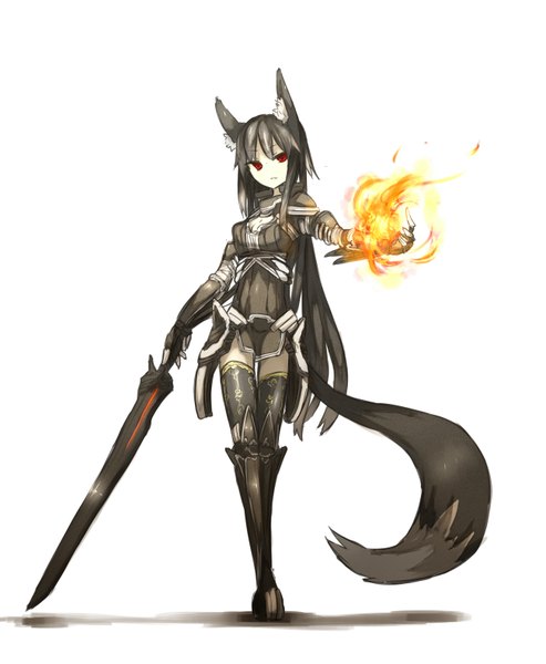 Anime picture 1300x1582 with original ganesagi single long hair tall image looking at viewer open mouth black hair simple background red eyes white background animal ears tail alternate costume girl thighhighs weapon sword boots thigh boots