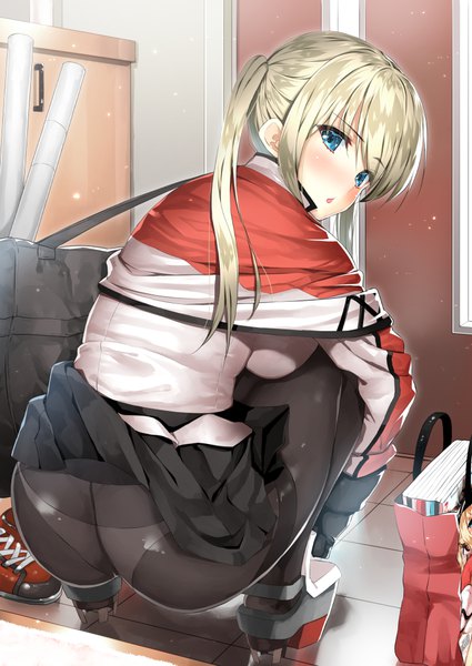 Anime picture 752x1062 with kantai collection graf zeppelin (kantai collection) body mahattaya ginga single long hair tall image looking at viewer blush fringe blue eyes light erotic blonde hair ass ponytail indoors looking back from behind :o skirt lift squat