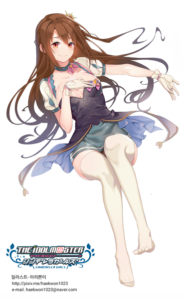 Anime picture 1600x2560 with idolmaster idolmaster cinderella girls shimamura uzuki torano single long hair tall image blush light erotic simple background smile red eyes brown hair white background sitting full body no shoes puffy sleeves copyright name outstretched arm