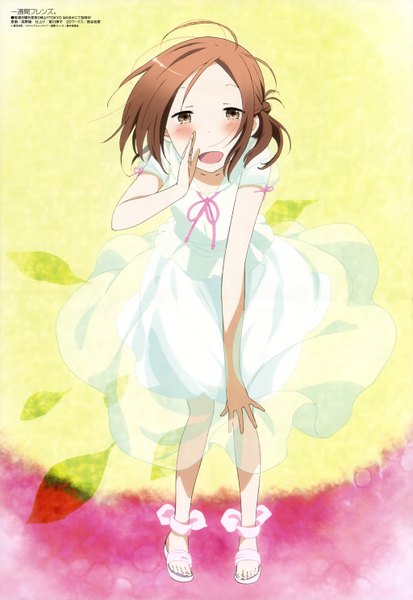 Anime picture 4092x5935 with isshuukan friends megami magazine brains base (studio) fujimiya kaori takano aya single tall image looking at viewer blush highres short hair open mouth brown hair brown eyes absurdres official art girl dress leaf (leaves) sundress