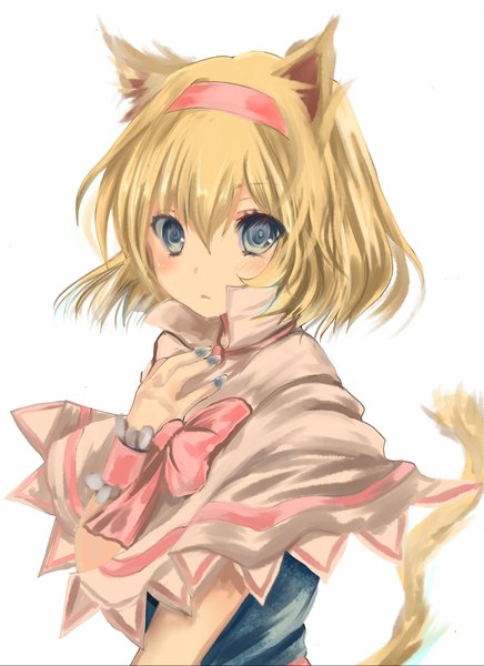 Anime picture 1430x1967 with touhou alice margatroid single tall image looking at viewer blush short hair blue eyes simple background blonde hair white background animal ears tail nail polish cat ears cat girl cat tail girl bow