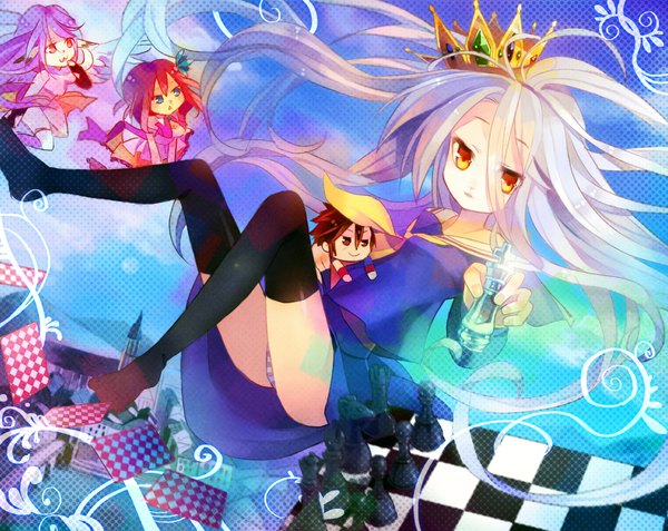 Anime picture 1903x1514 with no game no life madhouse shiro (no game no life) jibril (no game no life) stephanie dora sora (no game no life) q-chiang long hair fringe highres short hair blue eyes light erotic smile hair between eyes red eyes multiple girls holding purple hair bent knee (knees)