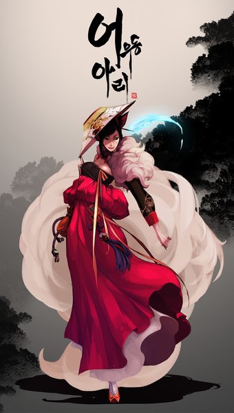 Anime picture 1395x2460 with league of legends ahri (league of legends) dutomaster single tall image breasts standing animal ears looking away tail animal tail light smile lips alternate costume lipstick alternate hairstyle hollow girl dress plant (plants)