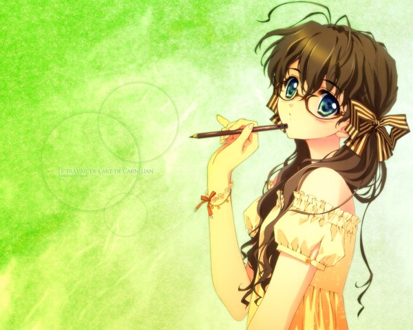 Anime picture 1280x1024 with original single brown hair green eyes girl ribbon (ribbons) glasses sundress pencil