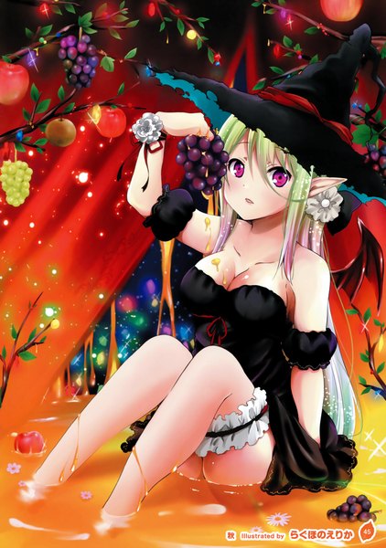 Anime picture 2533x3600 with girls, girls, girls! 10 (artbook) tagme (artist) single long hair tall image looking at viewer highres sitting purple eyes bare shoulders multicolored hair green hair pointy ears scan official art elf witch girl dress hat
