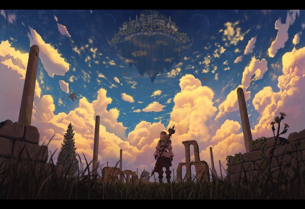 Anime picture 1500x1031 with original doora (dora0913) single long hair blonde hair sky cloud (clouds) wind from behind from below landscape fantasy scenic ruins floating island girl flower (flowers) plant (plants) grass dragon