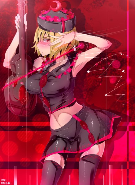 Anime picture 1200x1650 with touhou lunasa prismriver nyuu (manekin-eko) single tall image blush short hair blonde hair red eyes girl thighhighs skirt black thighhighs miniskirt cap violin bow (instrument)