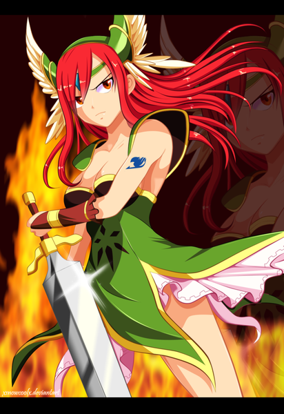 Anime picture 900x1310 with fairy tail erza scarlet xsnowcoolx single long hair tall image bare shoulders red hair orange eyes tattoo coloring zoom layer girl dress weapon fire helmet huge weapon huge sword