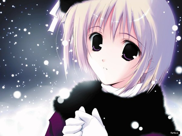 Anime picture 1280x960 with tagme (artist) single looking at viewer short hair purple eyes white hair portrait snowing winter exhalation girl gloves white gloves winter clothes
