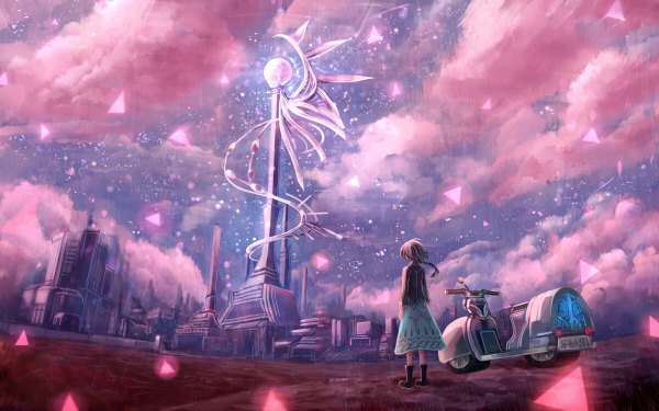 Anime picture 1200x750 with original bounin single long hair wide image sky purple hair cloud (clouds) back single braid city lights lightning girl dress skirt motorcycle tower