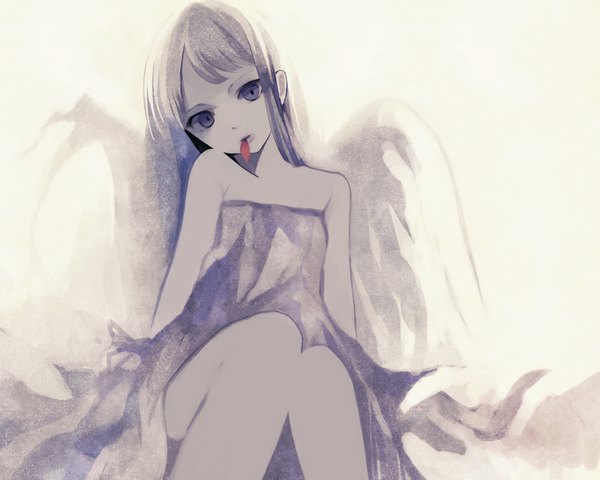 Anime picture 1000x800 with original roya single long hair fringe open mouth sitting purple eyes bare shoulders purple hair mouth hold girl petals wings sundress
