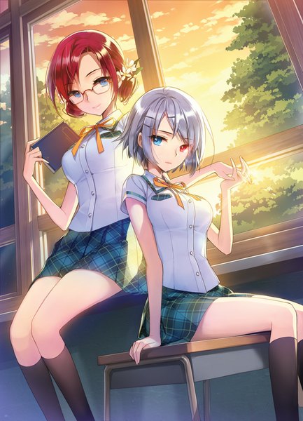 Anime picture 700x969 with sword girls iri flina vernika answer salt (salty) tall image looking at viewer fringe short hair blue eyes red eyes sitting twintails multiple girls sky silver hair cloud (clouds) red hair head tilt pleated skirt hair flower