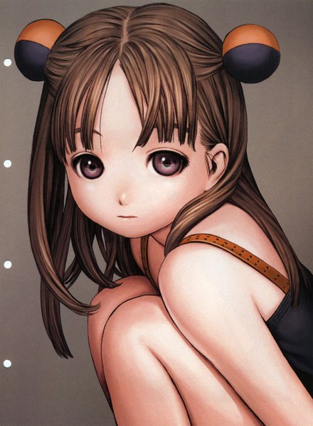 Anime picture 3000x4086 with form code (artbook) range murata single long hair tall image looking at viewer highres brown hair sitting bare shoulders brown eyes scan grey background bare legs loli girl dress hair ornament black dress hair tie